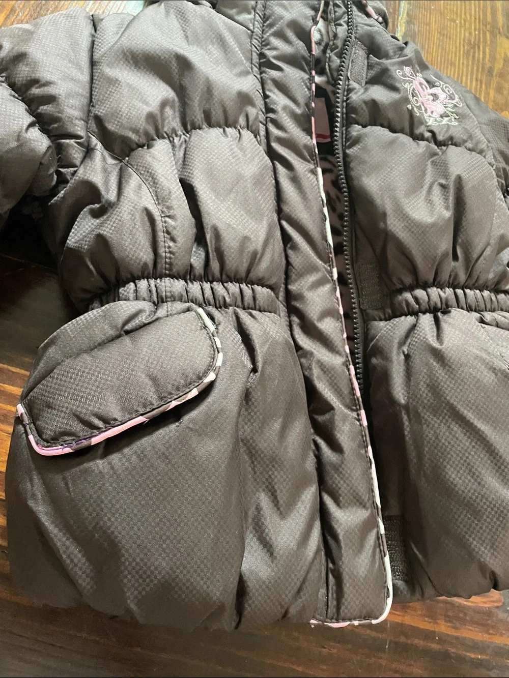 ZeroXposur Girls Brown Puffer Coat with Pink Leopard Hood Lining